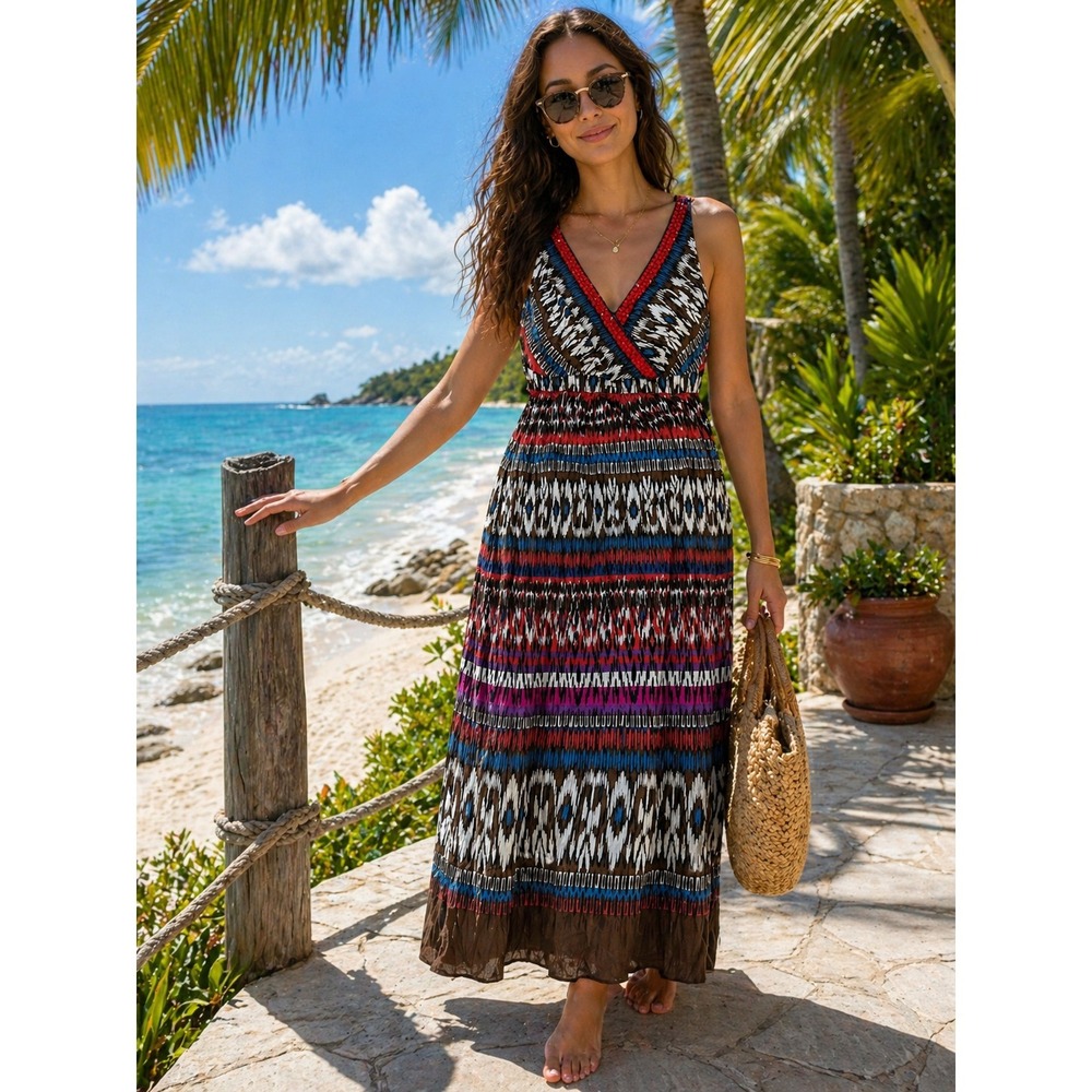 Charter Club Midi Sheath Dress Women's 8 Red Cotton Tribal Bohemian Smocked